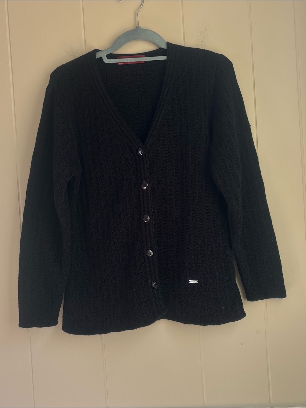 Rukootina Women's Black Cable Knit Button Front V-Neck Cardigan Sweater Size M
